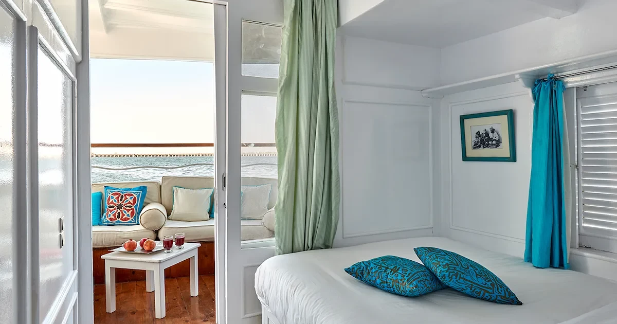 Meticulously decorated cabin or suite interior on the Gordon Pacha Dahabiya.