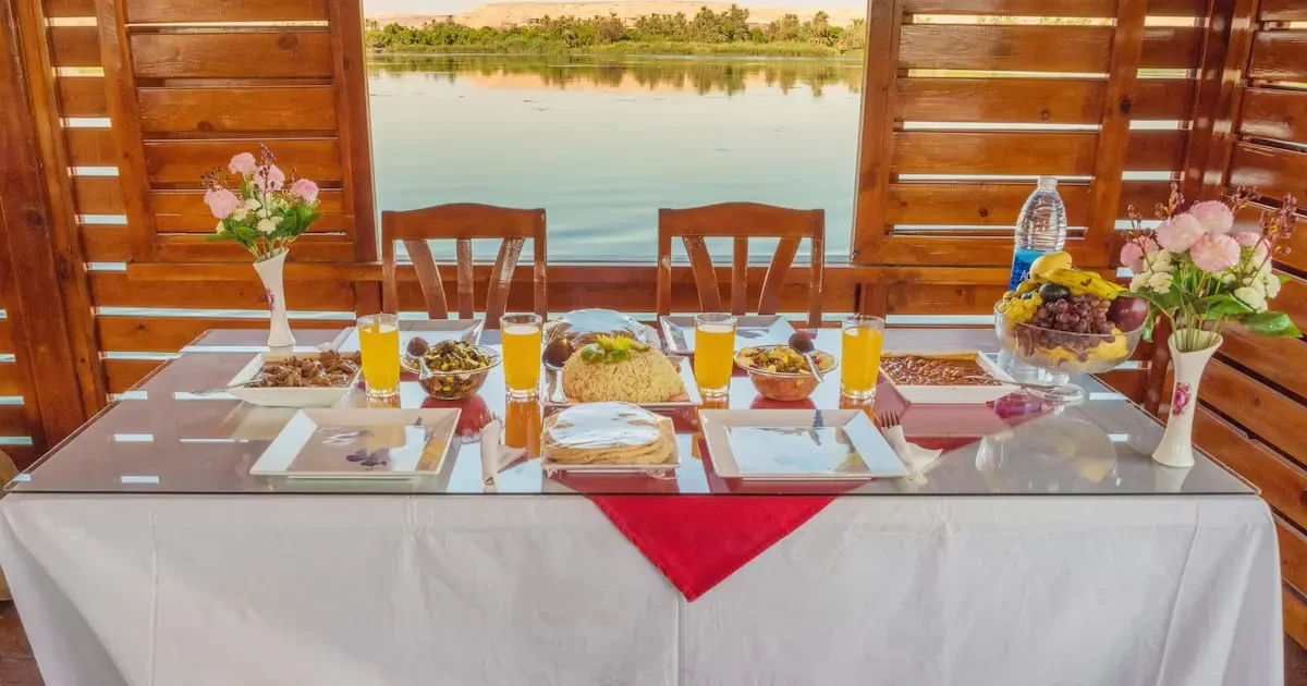 Dining setup onboard Royal Cleopatra Dahabiya