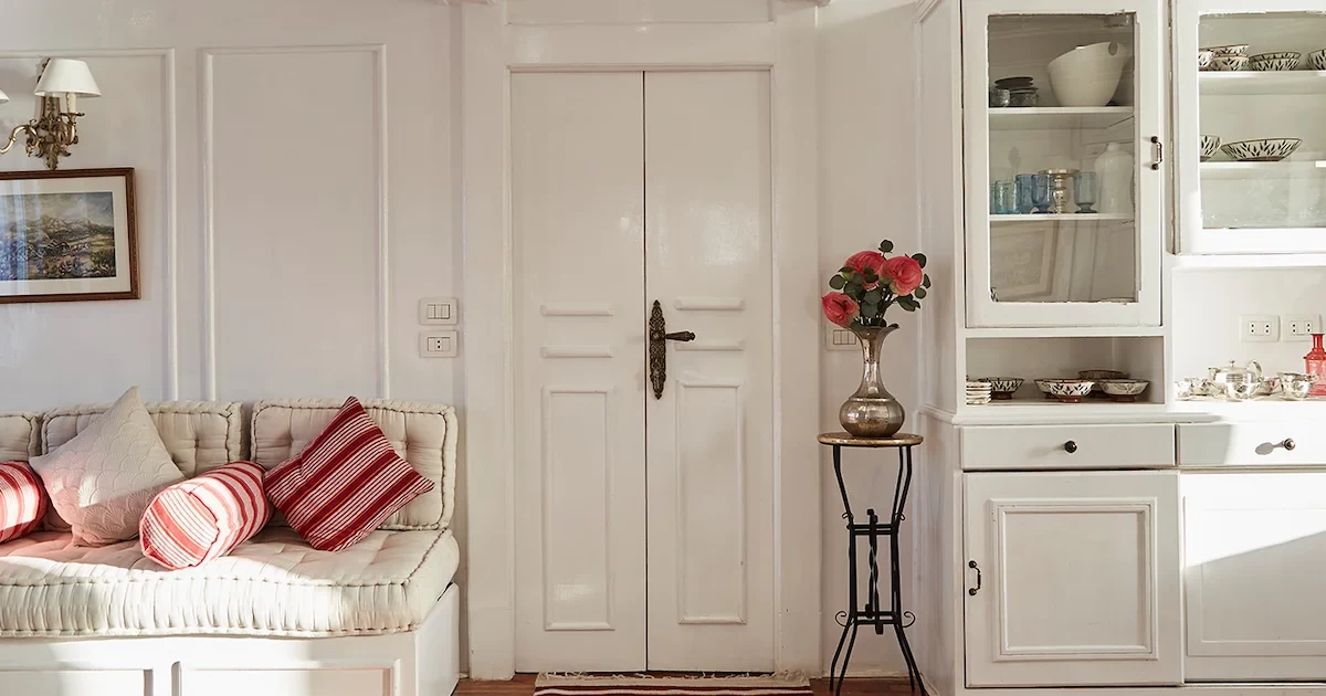 Close-up of a beautifully decorated, cozy cabin interior on the Lotus Dahabiya.