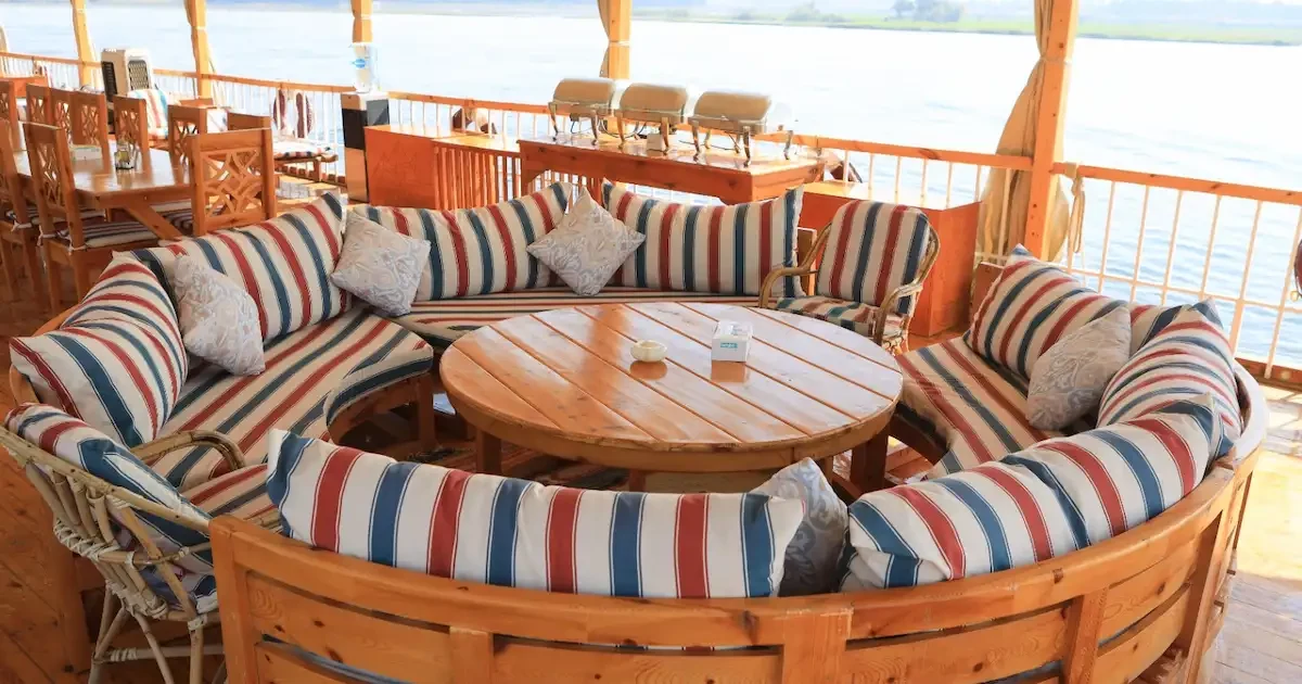 Luxury Dahabiya deck overlooking the Nile during a 7-night cruise