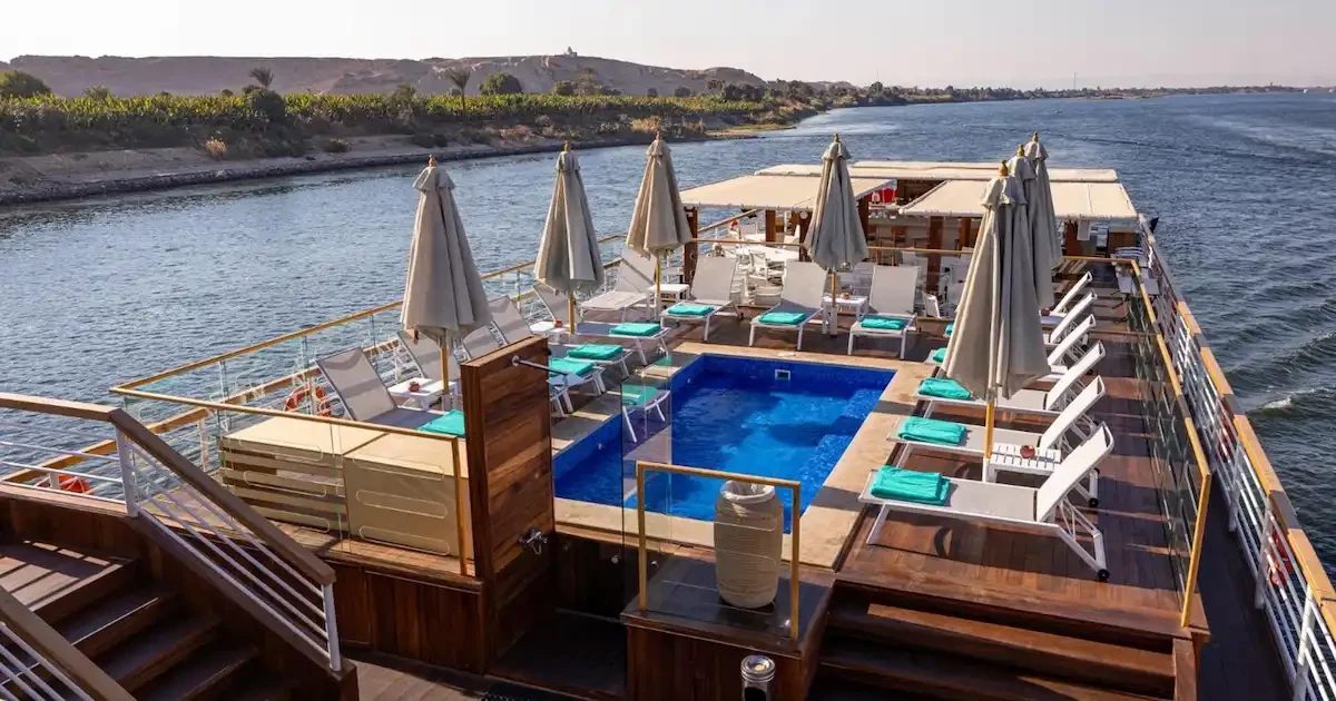 Sun deck of TIA Boutique Nile Cruise overlooking the Nile