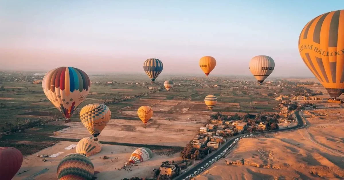 Nile River view from hot air balloon Luxor