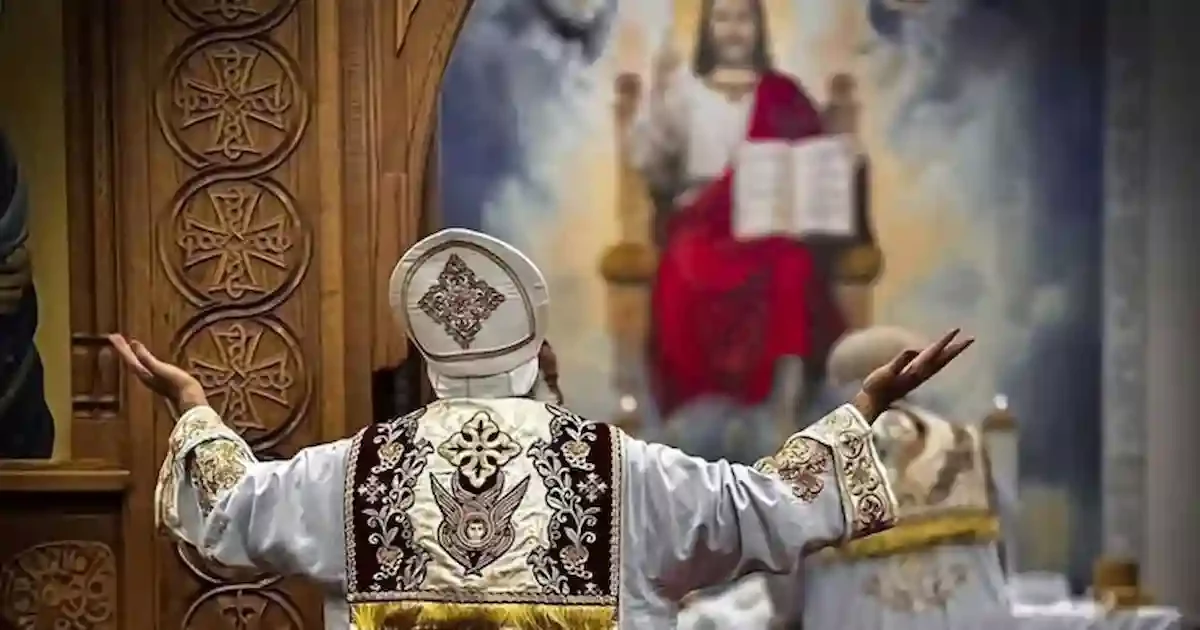 coptic prayer inside st mary and st mark church Cairo