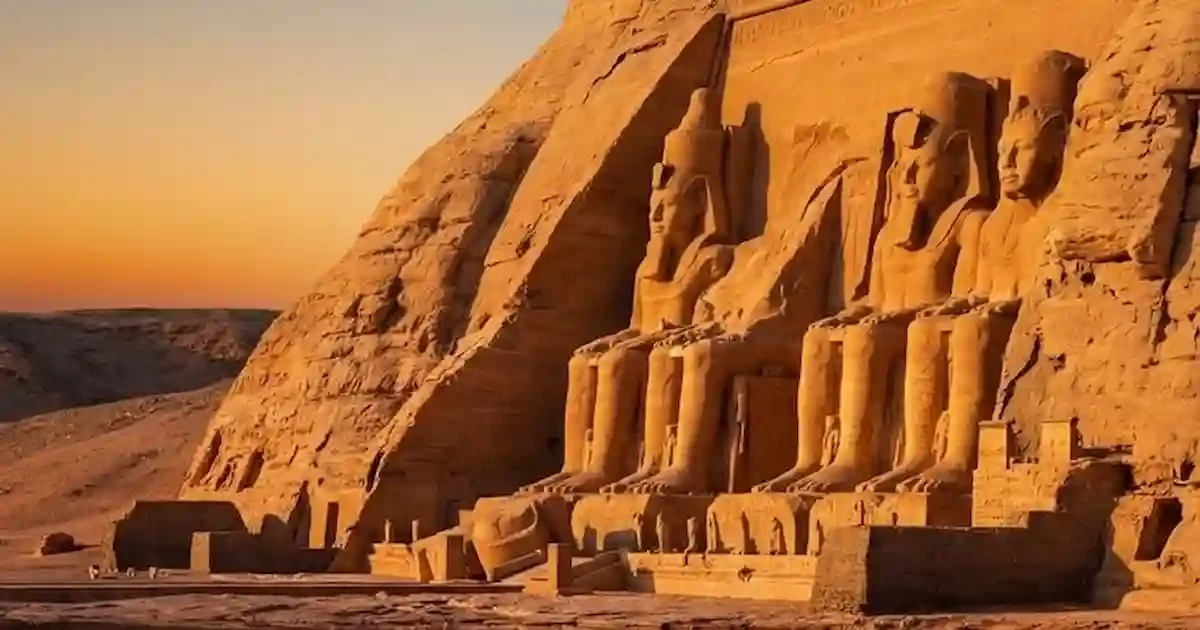 Sunrise at Abu Simbel temple illuminating statues