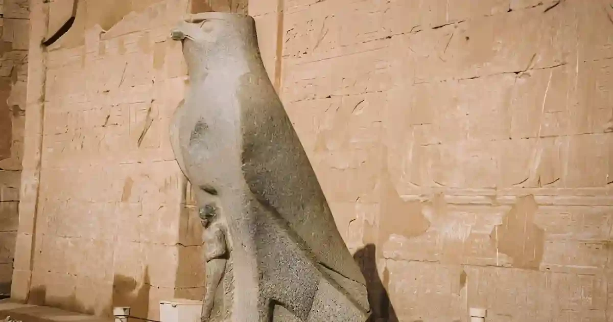 edfu-temple-horus-statue.jpg Statue of Horus falcon at Edfu Temple entrance