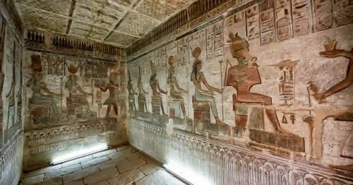 Interior of Hathor Temple Dendera vibrant colors