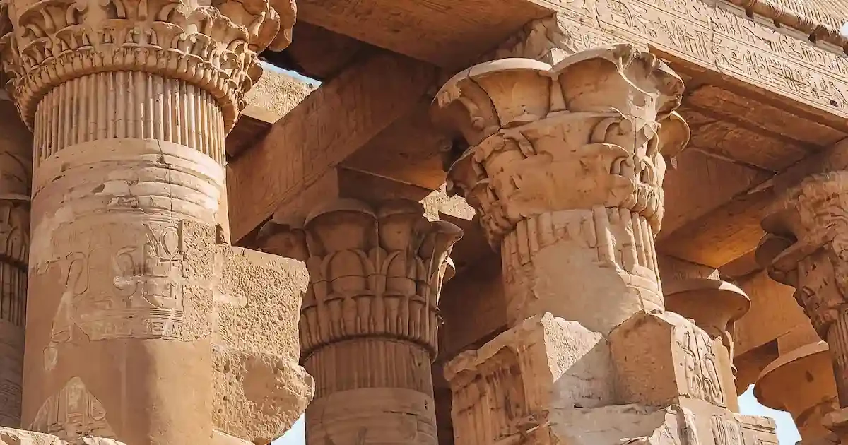 Columns and carvings inside Kom Ombo Temple Egypt