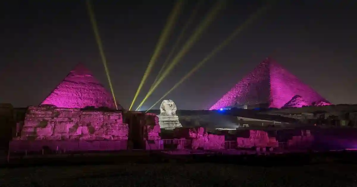 Laser projections during the sound and light show pyramids Cairo schedule