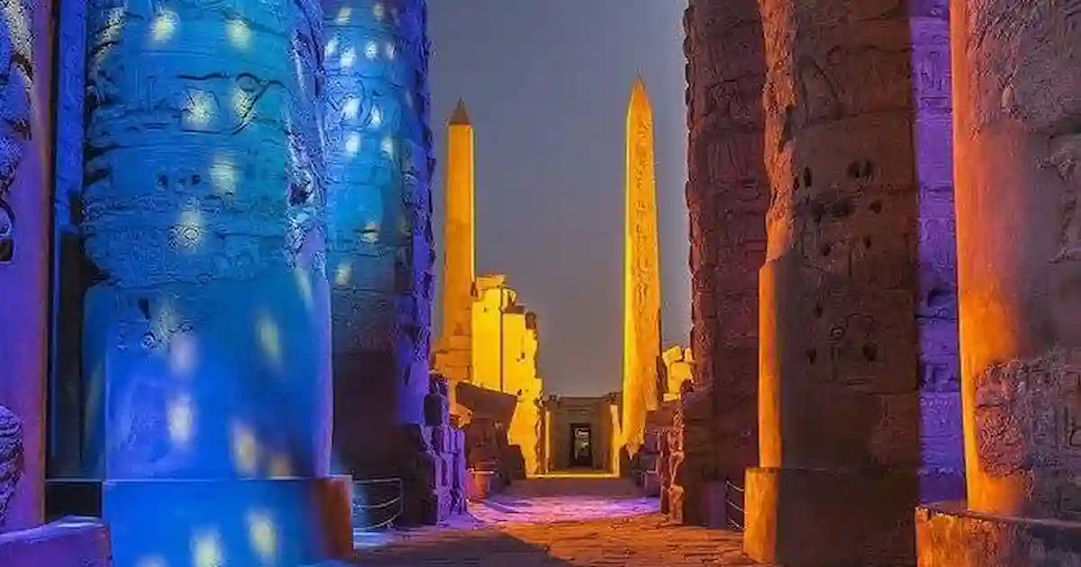 Illuminated columns during the karnak temple sound and light show