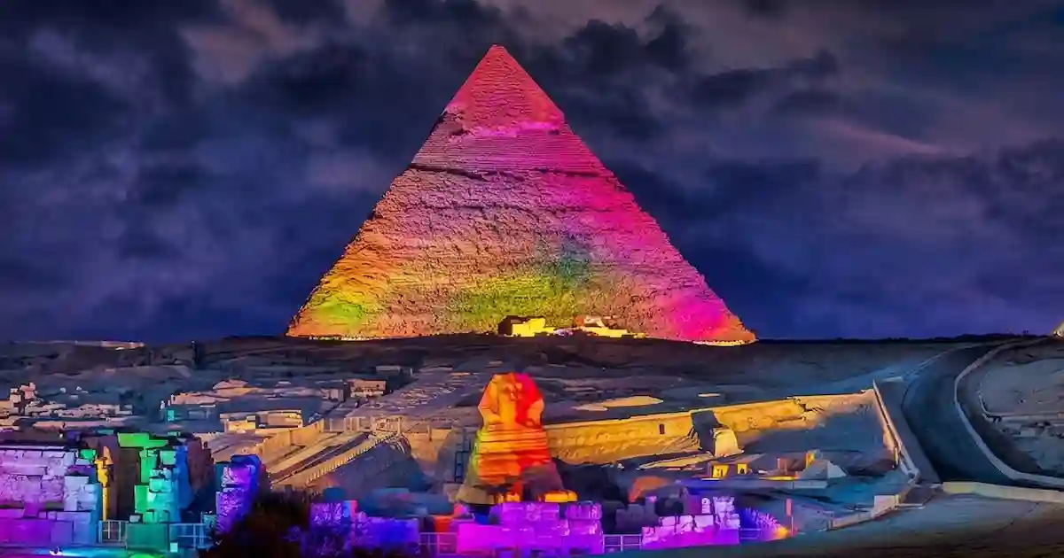 Illuminated Great Pyramid during the pyramid light show today