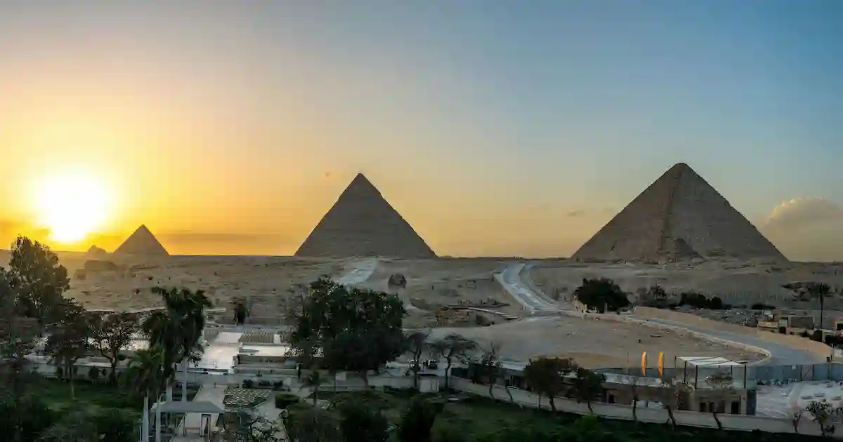 Panoramic viewpoint of the three Giza pyramids