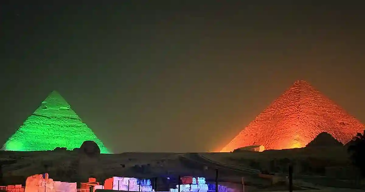 Panoramic view of Cairo Pyramids Light Show