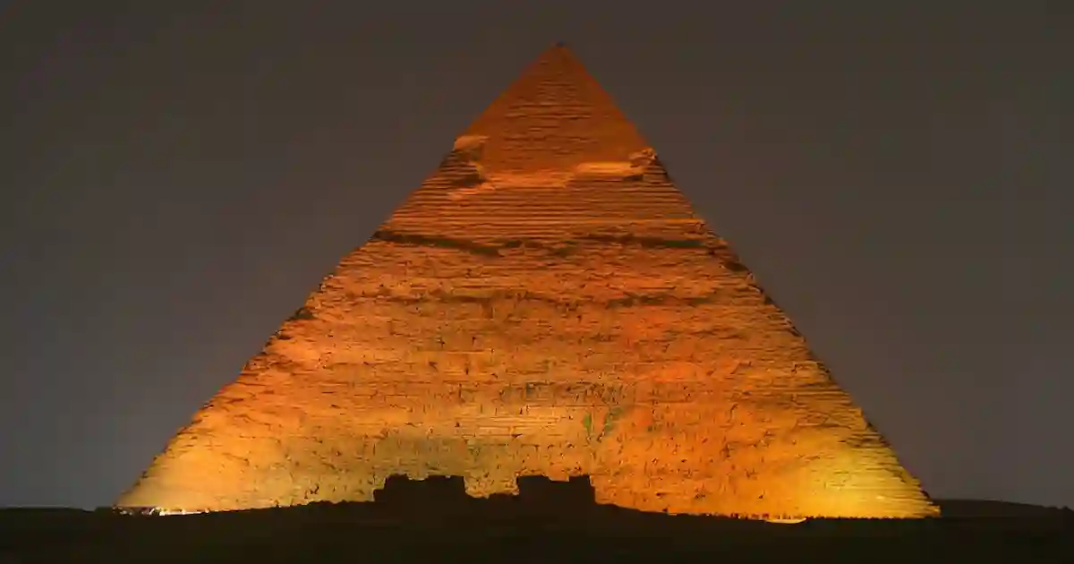 Great Pyramid illuminated during Light Show Pyramids Cairo