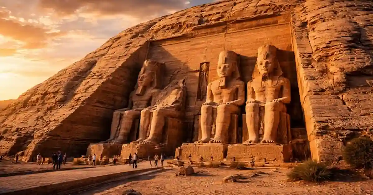 Four colossal statues of Ramesses II at Abu Simbel temple at sunrise, Southern Egypt