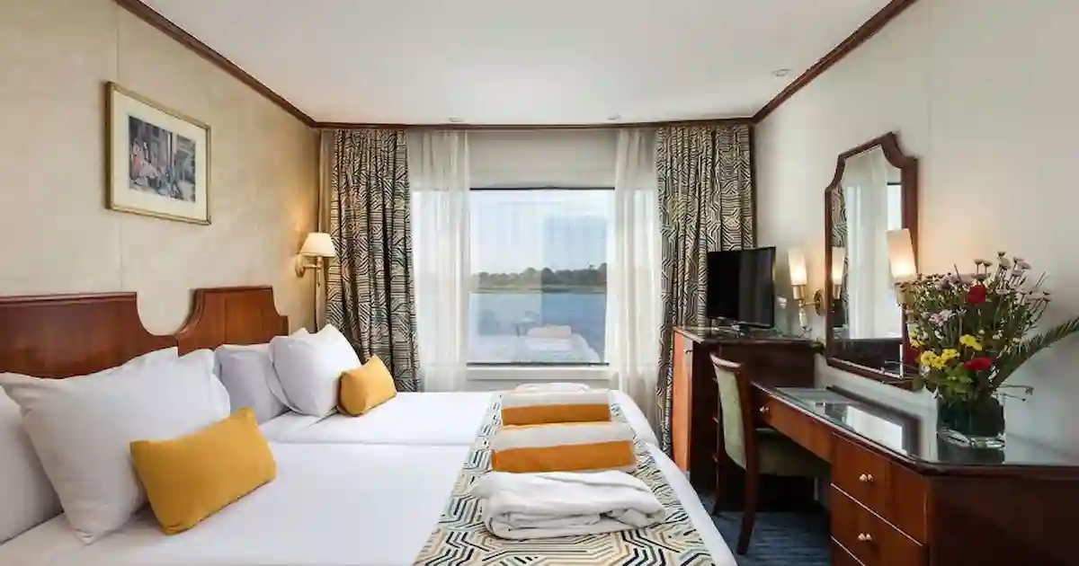 Spacious Nile-view cabin aboard the Radamis II Nile Cruise