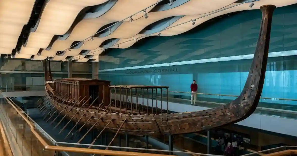 Reconstructed ancient solar boat at the Solar Boat Museum, Giza