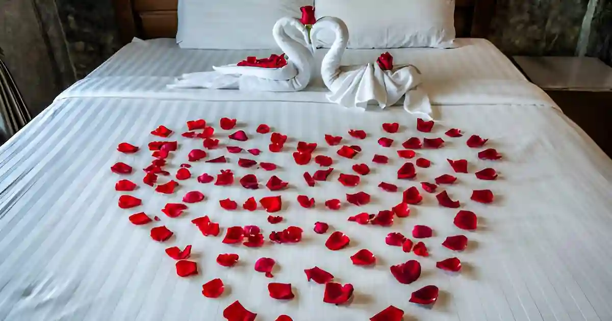 Honeymoon suite with rose petals and champagne on a Nile cruise